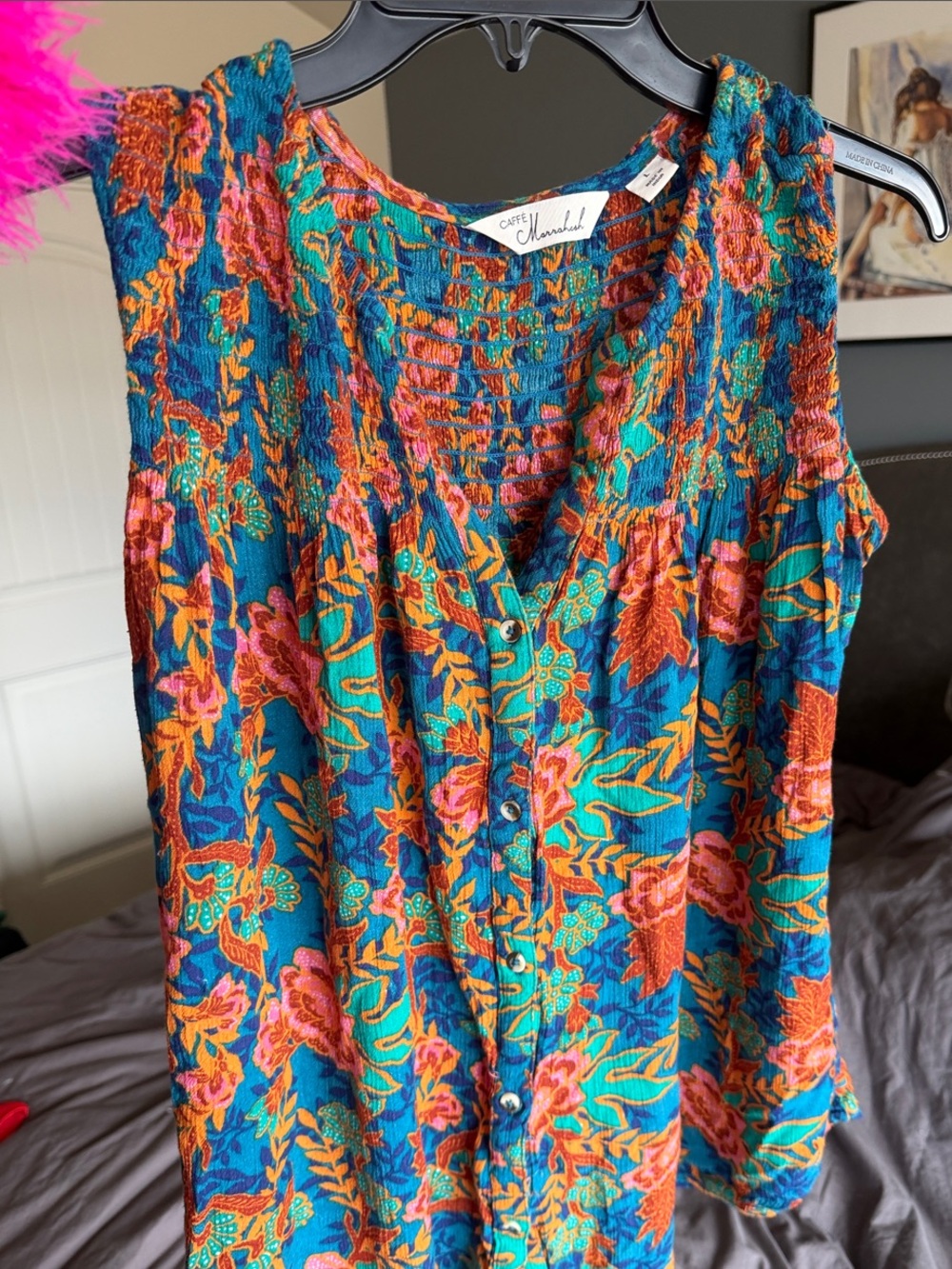 Cartonnier Teal Floral Button-Front Camisole with Orange and Pink Accents